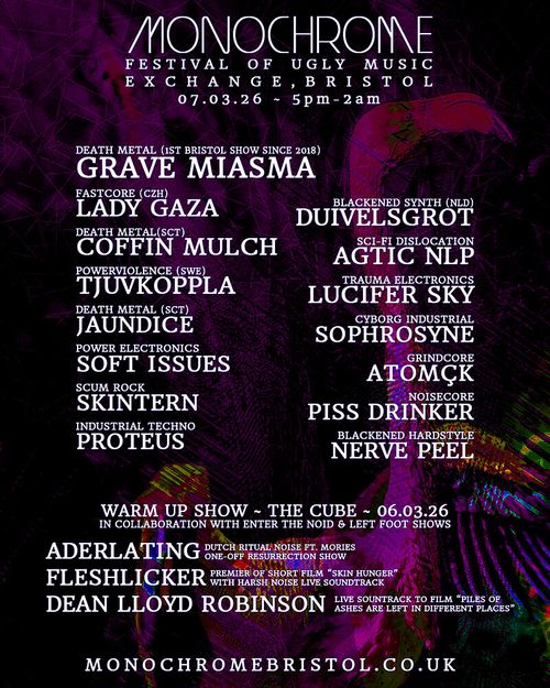 MONOCHROME TJUVKOPPLA, SOFT ISSUES, piss drinker, ATOMÇK, SKINTERN, PROTEUS, COFFIN MULCH, GRAVE MIASMA, LADY GAZA, ADERLATING, NERVE PEEL, FLESHLICKER, DEAN LLOYD ROBINSON, JAUNDICE, SOPHROSYNE, DUIVELSGROT, Lucifer Sky, AGTIC NLP march 2026 tour poster