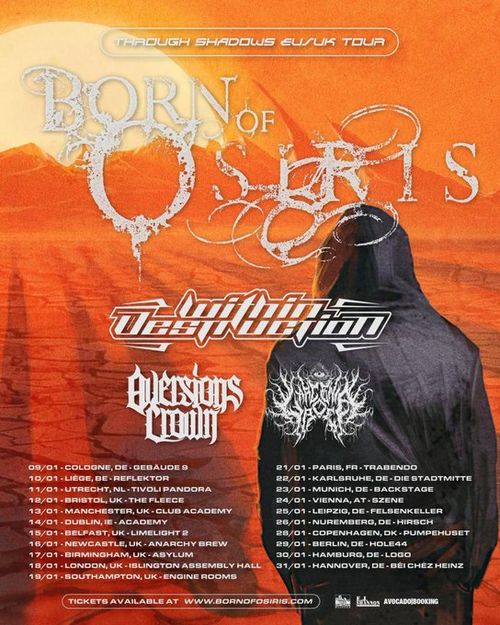 Through Shadows EU/UK Tour Within Destruction, Aversions Crown, Born of Osiris, Spite january 2026 tour poster