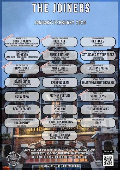 THE JOINERS HEY PIXIES, TRASH BOAT, Born of Osiris, Mother Vulture, saturdays at your place, Coach Party, Beauty School, POOL KIDS, HIGH FADE, ARM'S LENGTH, UN-SCENE, FREDDIE HALKON, JOOLS, SEETHING AKIRA, CREEPING JEAN, HOTEL MIRA january 2026 to february 2026 tour poster