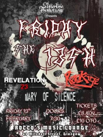 FRIDAY THE 13TH REVELATION 23, MARY OF SILENCE, RECKONING at Rocco's Music Lounge on 13 February 2026 gig poster