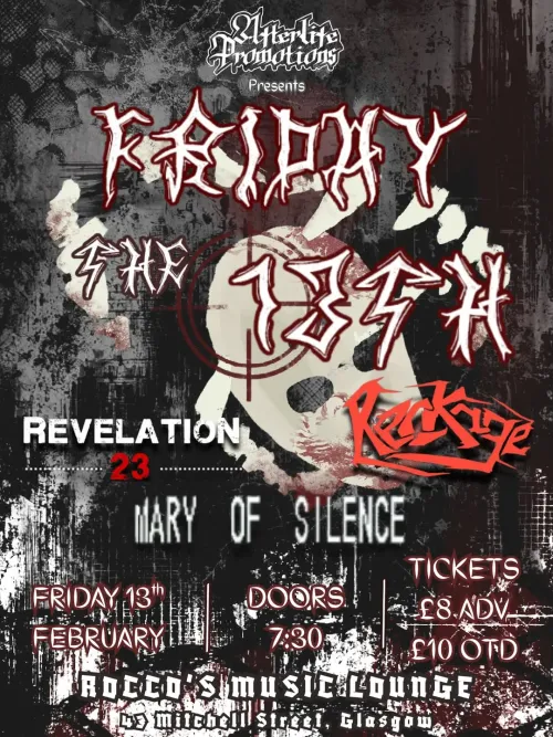 FRIDAY THE 13TH REVELATION 23, MARY OF SILENCE, RECKONING at Rocco's Music Lounge on 13 February 2026 gig poster