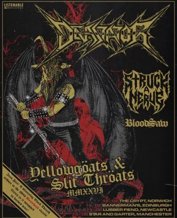 Yellowgoats & Slit Throats Devastator, Bloodsaw, Struck a Nerve february 2026 tour poster
