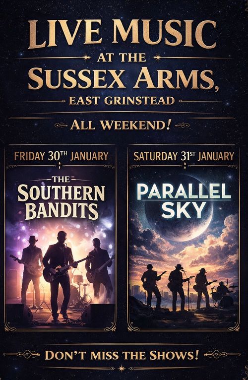 From 8:30pm both nights.   PARALLEL SKY, The Southern Bandits january 2026 tour poster