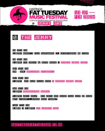 HASTINGS FAT TUESDAY MUSIC FESTIVAL Preservation Sunday, Sistie Moose, Joli Blon Cajun Band, Fat Tuesday Tour, McNiff's Folk Sundowner ft. Entertaining Mr Stone, Vinyl Night, Unplugged Saturday february 2026 tour poster
