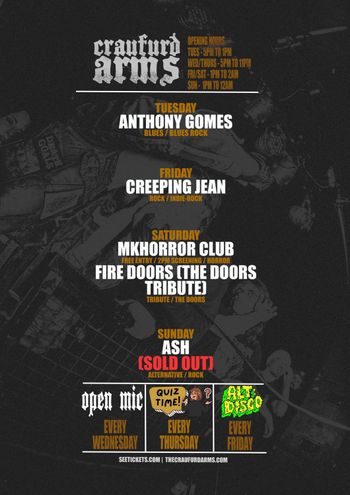 crawfurd arms CREEPING JEAN, ASH, MKHorror Club, Anthony Gomes, Fire Doors (The Doors Tribute) february 2026 tour poster