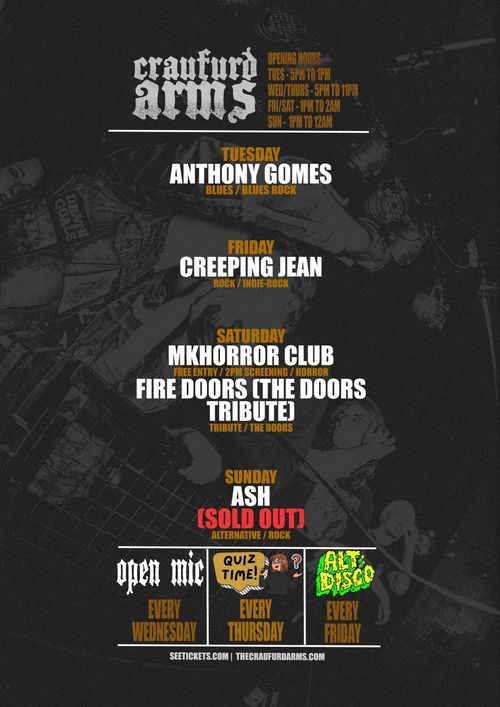 crawfurd arms CREEPING JEAN, ASH, MKHorror Club, Anthony Gomes, Fire Doors (The Doors Tribute) february 2026 tour poster