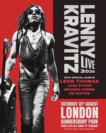 Lenny Kravitz Live 2026 Brooke Combe, Leon Thomas, De'Wayne, Joss Stone, Lenny Kravitz at Gunnersbury Park on 15 August 2026 gig poster