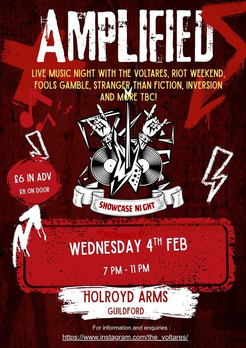 AMPLIFIED FOOLS GAMBLE, Inversion, Stranger Than Fiction, The Voltares, Riot Weekend at HOLROYD ARMS on 4 February 2026 gig poster