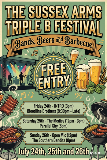 THE SUSSEX ARMS TRIPLE B FESTIVAL Open Mic, BLOODLINE BROTHERS, PARALLEL SKY, The Southern Bandits, The Medics, INTRO july 2026 tour poster