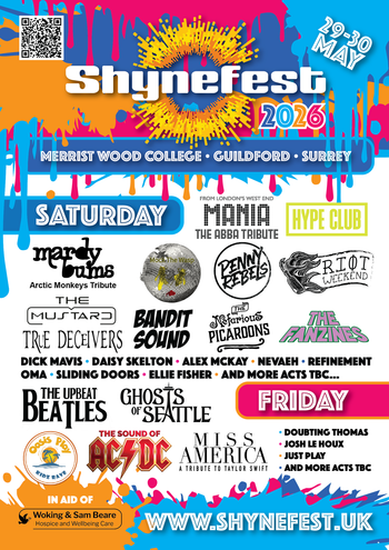 Shynefest 2026 THE FANZINES, Penny Rebels, Riot Weekend, and more acts TBC, Refinement, Sliding Doors, Josh Le Houx, Dick Mavis, Mock The Wasp, The Sound of AC/DC, Just Play, MANIA, Oma, The Upbeat Beatles, Ghosts of Seattle, The Nefarious Picaroons, Mardy Bums, Miss America, Nevaeh, Ellie Fisher, Bandit Sound, Daisy Skelton, Alex McKay, Doubting Thomas may 2026 tour poster