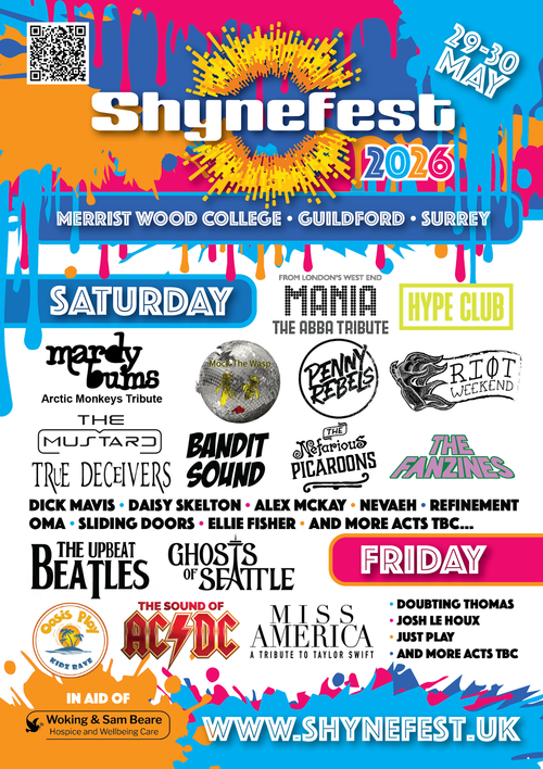 Shynefest 2026 THE FANZINES, Penny Rebels, Riot Weekend, and more acts TBC, Refinement, Sliding Doors, Josh Le Houx, Dick Mavis, Mock The Wasp, The Sound of AC/DC, Just Play, MANIA, Oma, The Upbeat Beatles, Ghosts of Seattle, The Nefarious Picaroons, Mardy Bums, Miss America, Nevaeh, Ellie Fisher, Bandit Sound, Daisy Skelton, Alex McKay, Doubting Thomas may 2026 tour poster