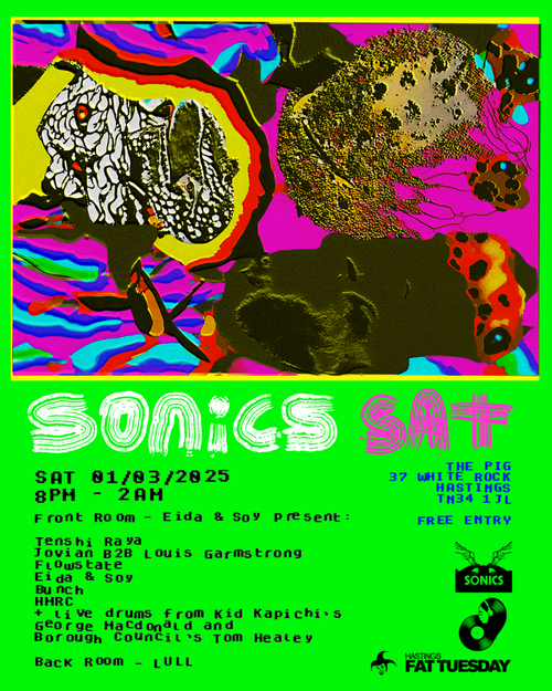 SONICS SAT KID KAPICHI, Tom Healey, LULL, Jovian B2B Louis Garmstrong, George MacDonald, Eida & Soy, Bunch, FlowState, Tenshi Raya, HMRC at The Pig on 1 March 2025 gig poster