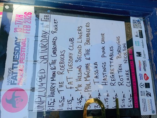 Hastings Fat Tuesday Music Festival Fat Tuesday Club, Regrettables, Tasska, Hastings Punk Choir, The Roebucks, Mr Wilson's Second Liners, Rotten Boroughs, Claire Nicolson, Phil Maguire & The Balladeers, Harry Moon & The Cardboard Rocket at Royal Standard on 14 February 2026 gig poster