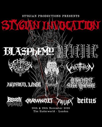 STYGIAN INVOCATION BLOODY VENGEANCE, TRIVAX, ABYSMAL LORD, DEITUS, BLASPHEMY, THE REVENANT, CAVERNACLE november 2026 tour poster