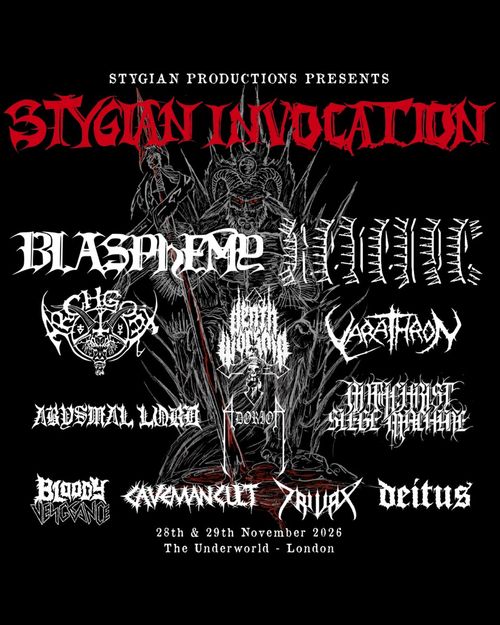 STYGIAN INVOCATION BLOODY VENGEANCE, TRIVAX, ABYSMAL LORD, DEITUS, BLASPHEMY, THE REVENANT, CAVERNACLE november 2026 tour poster