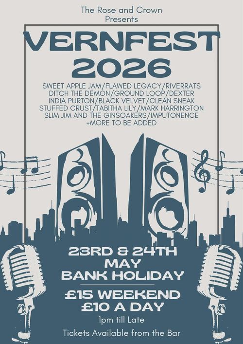 VERNFEST 2026 Ditch The Demon, dexter in the newsagent, Stuffed Crust, Clean Sneak, India Purton, Flawed Legacy, Sweet Apple Jam, Tabitha Lily, Imputonence, Slim Jim And The Ginsoakers, Ground Loop, RIVERЯATS, Mark Harrington, Black Velvet may 2026 tour poster