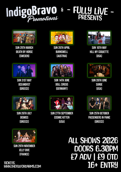 IndigoBravo & Fully Live Presents Death By Horse, Kill My Coquette, OceanDyst, Jelly Dive, Passengers In Panic, Cosmic Kitten, Burnswell, Doll Circus, Dismiss, Surge march 2026 to november 2026 tour poster