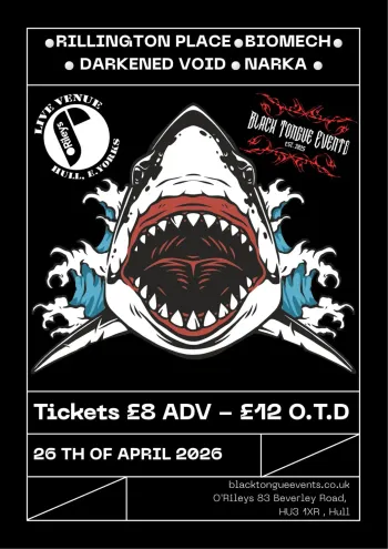 Rillington Place, Biomech, Darkened Void, Narka Biomech, Rillington Place, Narka, Darkened Void at O'Rileys on 26 April 2026 gig poster