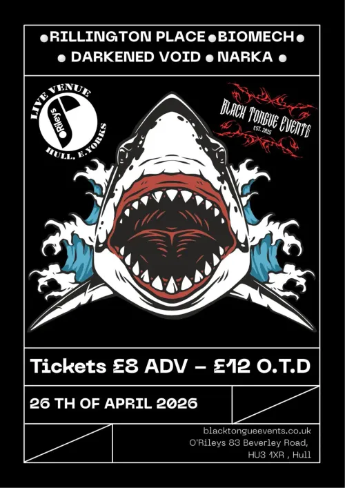 Rillington Place, Biomech, Darkened Void, Narka Biomech, Rillington Place, Narka, Darkened Void at O'Rileys on 26 April 2026 gig poster