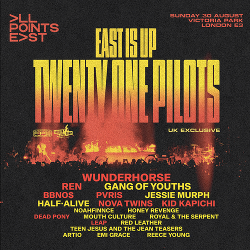 EAST IS UP Ren, Kid Kapichi, bbno$, Nova Twins, Wunderhorse, PVRIS, LEAP, Honey Revenge, twenty one pilots, Mouth Culture, Dead Pony, HALF-ALIVE, Emi Grace, Royal & the Serpent, Teen Jesus and the Jean Teasers, NOAHFINNCE, Red Leather, Jessie Murph, Reece Young, Artio at Victoria Park on 30 August 2026 gig poster