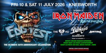 Eddie Test - The Ultimate 50th Anniversary Celebration Iron Maiden, The HU, The Almighty, Airbourne, Eddie Test, The Darkness july 2026 tour poster