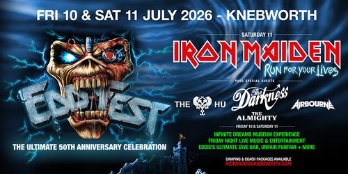 Eddie Test - The Ultimate 50th Anniversary Celebration Iron Maiden, The HU, The Almighty, Airbourne, Eddie Test, The Darkness july 2026 tour poster