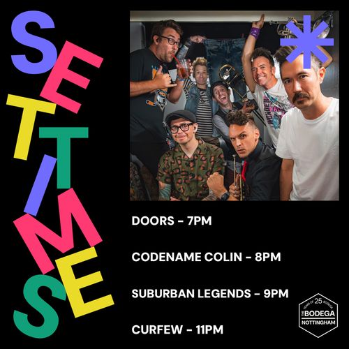 SET TIME Codename Colin, Suburban Legends at The Bodega on 11 May 2026 gig poster