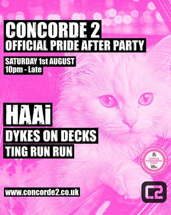 OFFICIAL PRIDE AFTER PARTY TING RUN RUN, DYKES ON DECKS, HAAi at Concorde 2 on 1 August 2026 gig poster