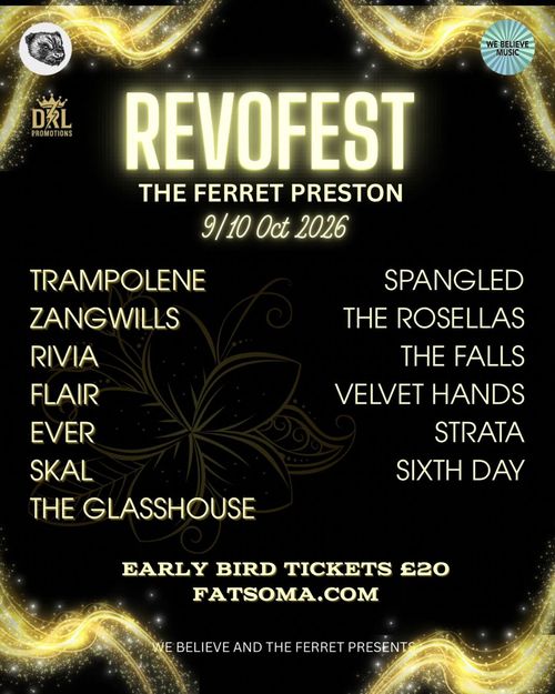 REVOFEST THE FERRET PRESTON The Zangwills, Trampolene, Flair, Falls, Rosellas, The Glasshouse, The Velvet Hands, SKAL, Spangled, RIVIA, SIXTH DAY, STRATA, EVER at The Ferret on 9 October 2026 gig poster
