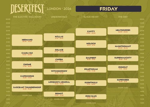 Desertfest London 2026 Capricorns, Hermano, Causa Sui, Solace, Witchsorrow, Kushthulu, Sargeant Thunderhoof, Daufødt, Superseed, Supernaughty, Meatdripper, Ironrat, Bismut, Lorquin’s Admiral, Cwfen, Hällas, Iron Slug, Hashtronaut, Cavity, Gnome, Moloch, Michael Woods may 2026 tour poster