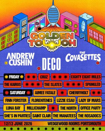Golden Touch Andrew Cushin, Deco, The Kairos, The Covasettes, Eighty Eight Miles, Slates, Finn Forster, Cherryholt, The North, Lizzie Esau, Office Party, Florentenes, The Rosadocs, lunabay, Saint Clair, LADY OF MARS, She's in Parties, Aimee Fatale, Spangled, Millichamp, CRUZ, Thee Manatees june 2026 tour poster