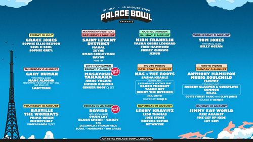 Palace Bowl Presents Soul II Soul, Saint Levant, SOPHIE ELLIS-BEXTOR, Kirk Franklin, Marc Almond, Billy Ocean, Olive Jones, Benji B, Bastille, The Wombats, Prima Queen, Tom Jones, Gary Numan, Sasha Keable, Yasiin Bey, Cherryholt, Gabzy, Brooke Combe, Joss Stone, Lenny Kravitz, Omah Lay, Leon Thomas, Jay Som, Rise Against, Jimmy Eat World, The Get Up Kids, Himiko Kikuchi, De'Wayne, Zeyne, Tasha Cobbs Leonard, Grace Jones, Black Thought, Davido, Floetry, Black Sherif, Propaganda DJ Set, Boi Chase, Masayoshi Takanaka, TXC, Jazzwrld & Thukuthela, Fred Hammond, Ecool, Anthony Hamilton, Sophie Grey, Musiq Soulchild, Ginger Root DJ Set, Nas & The Roots, Mercy Chinwo, عمر سليمان, Dystinct, Morravey, Robert Glasper & Questlove, Ladytron, Nia Smith, Manal, 八神純子, Common, JERUB, Benny the Butcher, Bilal, Bayou july 2026 to august 2026 tour poster