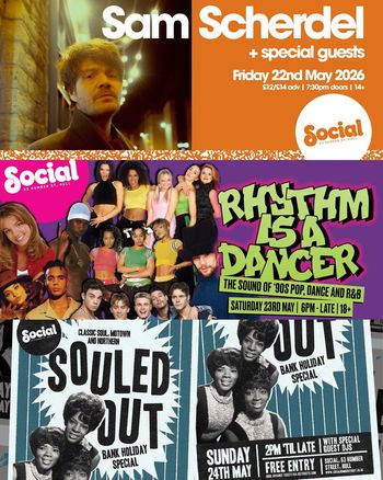 Sam Scherdel + special guests Sam Scherdel, Rhythm Is A Dancer, Souled Out may 2026 tour poster