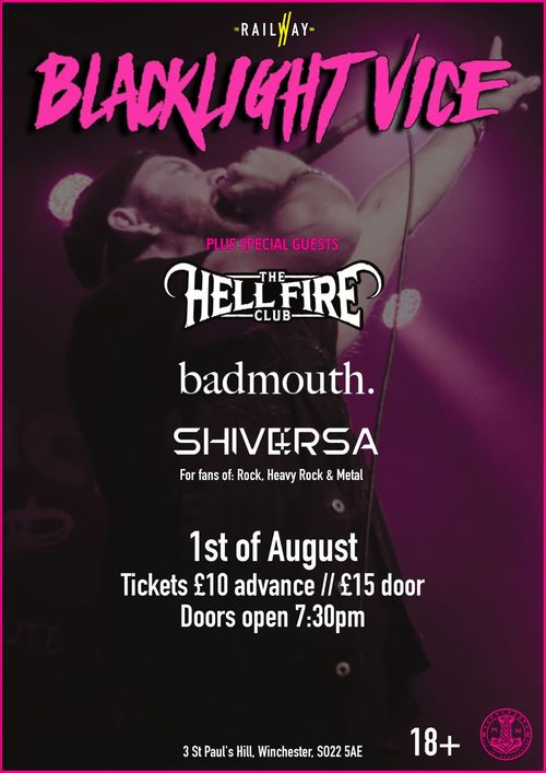 BLACKLIGHT VICE SHIVɆRSA, The Hellfire Club, badmouth at The Railway on 1 August 2026 gig poster