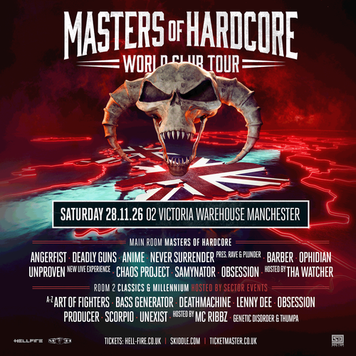 MASTERS OF HARDCORE WORLD CLUB TOUR BASS GENERATOR, CHAOS PROJECT, A-Z ART OF FIGHTERS, THUMPA, OPHIDIAN, MC Ribbz, Unexist, Deadly Guns, MC Tha Watcher, Angerfist, Unproven, Samynator, Deathmachine, Never Surrender, AniMe, Lenny Dee, Obsession, SCORPIO, GENETIC DISORDER, The DJ Producer, Obsession, Barber at 02 Victoria Warehouse on 28 November 2026 gig poster