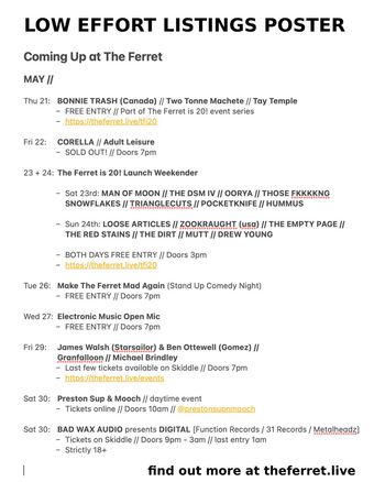 LOW EFFORT LISTINGS POSTER THE DSM IV, The Dirt, Adult Leisure, Tay Temple, Two Tonne Machete, Granfalloon, Corella, Loose Articles, The Empty Page, michael brindley., Man of Moon, TRIANGLECUTS, HUMMUS, ZOOKRAUGHT (usa), BONNIE TRASH (Canada), James Walsh (Starsailor), THOSE FKKKKNG SNOWFLAKES, Ben Ottewell (Gomez), BAD WAX AUDIO presents DIGITAL, Preston Sup & Mooch, OORYA, POCKETKNIFE, The Red Stains, DREW YOUNG, Mutt may 2026 tour poster