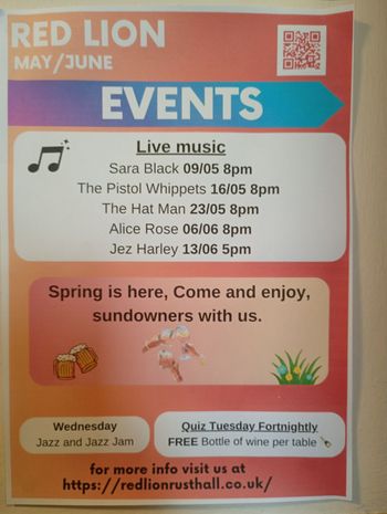 RED LION MAY/JUNE EVENTS The Pistol Whippets, Jez Harley, Sara Black, The Hat Man, Alice Rose may 2026 to june 2026 tour poster