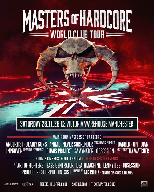 MASTERS OF HARDCORE WORLD CLUB TOUR AniMe, OPHIDIAN, GENETIC DISORDER, Deadly Guns, Never Surrender, CHAOS PROJECT, Samynator, Angerfist, SCORPIO, Unproven, Obsession, THUMPA, MC Ribbz, Deathmachine, Barber, BASS GENERATOR, Lenny Dee, Unexist, MC Tha Watcher, Art of Fighters, The DJ Producer at O2 Victoria Warehouse on 28 November 2026 gig poster