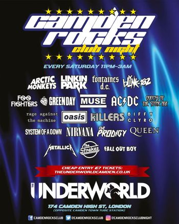 camden rocks club night blink-182, Fontaines D.C., The Prodigy, AC/DC, Biffy Clyro, Linkin Park, Metallica, Arctic Monkeys, Nirvana, Muse, Fall Out Boy, Foo Fighters, Rage Against the Machine, Queen, Queens of the Stone Age, System of a Down, Oasis, The Killers, Green Day, The Strakes at The Underworld on 6 June 2026 gig poster
