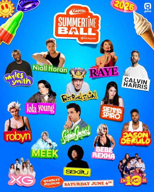 CAPITAL SUMMERTIME BALL 2026 RAYE, Meek, XG, Fatboy Slim, Stephen Sanchez, SIENNA SPIRO, Sekou, Jason Derulo, Lola Young, Niall Horan, Robyn, Calvin Harris, Bebe Rexha at Wembley Stadium on 6 June 2026 gig poster