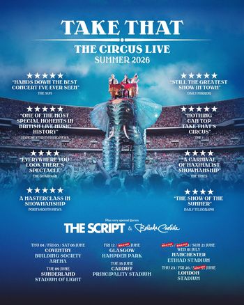 Take That The Circus Live Summer 2026 The Script, Belinda Carlisle, Take That at Stadium on 26 June 2026 gig poster