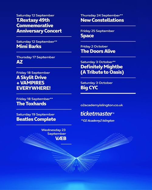 T.Rextasy 49th Commemorative Anniversary Concert VÆB, New Constellations, The Doors Alive, Space, A Skylit Drive + VAMPIRES EVERYWHERE!, Mimi Barks, The Toxhards, Definitely Mightbe (A Tribute to Oasis), Beatles Complete, Big Cyc, Азъ september 2026 to october 2026 tour poster