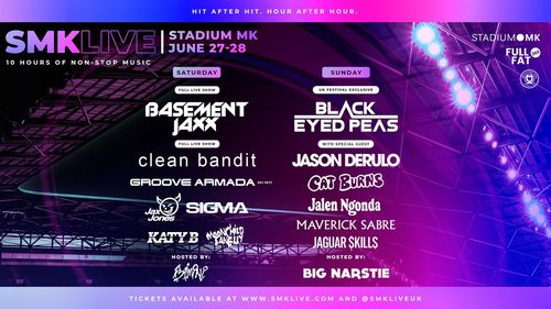 SMK Live Jason Derulo, Jalen Ngonda, Jaguar Skills, Sigma, Groove Armada, Moonchild Sanelly, Basement Jaxx, Cat Burns, Maverick Sabre, Katy B, Clean Bandit, Black Eyed Peas, Jax Jones june 2026 tour poster