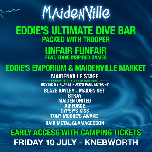 MAIDENVille Airforce, HAIR METAL GLAMAGEDDON, GYPSY’S KISS, TONY MOORE’S AWAKE, BLAZE BAYLEY - MAIDEN SET, Maiden uniteD, Stray at KNEBWORTH on 10 July 2026 gig poster