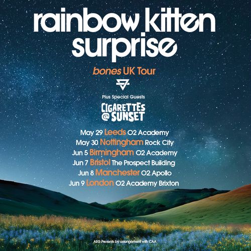 rainbow kitten surprise bones UK Tour Rainbow Kitten Surprise, Cigarettes @ Sunset may 2026 to june 2026 tour poster