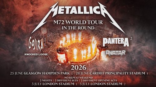 Metallica M72 World Tour In The Round Gojira, Metallica, Knocked Loose, Avatar, Pantera june 2026 to july 2026 tour poster