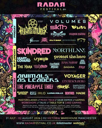 RADAR Festival #6 MMXXVI Thy Art Is Murder, SikTh, Hacktivist, unpeople, Skindred, Luna Kills, Benthos, DACARA, The Pineapple Thief, Northlane, Eville, Voyager, DALI, Ihlo, Maebe, Heart of a Coward, Royal Sorrow, Graphic Nature, BLACKGOLD, Animals as Leaders, Protest the Hero, Cage Fight, THE HARA, Elwood Stray, Employed to Serve, Vimova, Tens6., Seeking Alpha, Pin Up Lass, Jazzmatazz, Sixth Wonder, Einar Solberg, CLT DRP, Volumes july 2026 to august 2026 tour poster