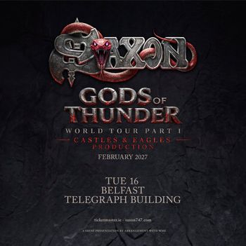 Saxon - Gods of Thunder World Tour Part 1 Saxon at Telegraph Building on 16 February 2027 gig poster