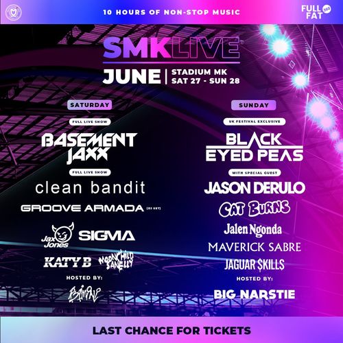 SMK Live Moonchild Sanelly, Groove Armada, Cat Burns, Jax Jones, Katy B, Sigma, Maverick Sabre, Clean Bandit, Jalen Ngonda, Jaguar Skills, Jason Derulo, Basement Jaxx, Black Eyed Peas june 2026 tour poster