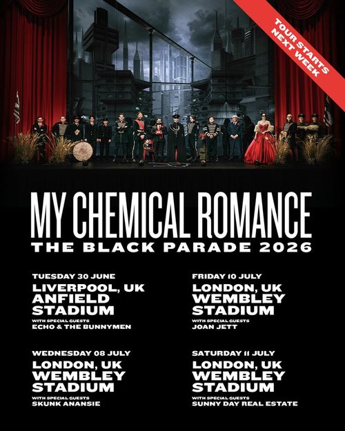 MY CHEMICAL ROMANCE THE BLACK PARADE 2026 Skunk Anansie, Joan Jett, Echo & the Bunnymen, My Chemical Romance, Sunny Day Real Estate june 2026 to july 2026 tour poster